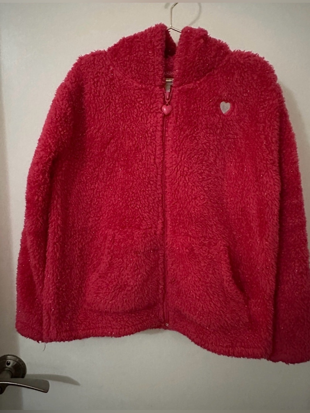 Girls Pink Sparkle Fuzzy Faux Fur Zip Jacket -Nyla Bug- Size 7-8